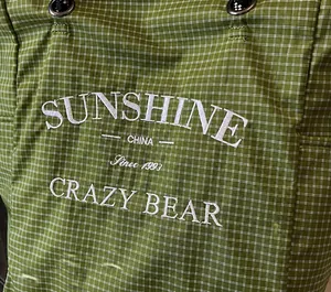 Close-up of green plaid tote bag featuring white SUNSHINE embroidery and metallic eyelets