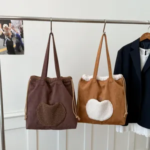 Retro high-capacity plush tote bag with heart-shaped pocket for winter commuting