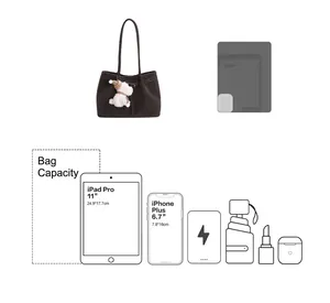 Dettaglio della capienza della borsa tote caffè adatta per iPad Pro 11 e accessori