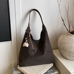 Retro dark brown large capacity faux leather hobo bag with unique coffee cup pendant
