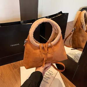 Retro Women Faux Suede Handbag With Plush Lambswool Handle Bow Decor Fashion Shoulder Crossbody Bag For Autumn Winter