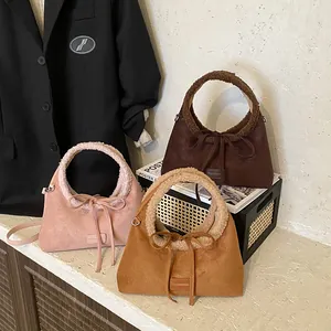 Chic autumn-winter faux suede handbags with teddy fleece handles in three colors