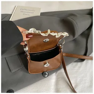 Mini retro brown PU leather crossbody bag with white lace trim and magnetic metal clasp