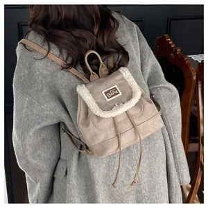 Detail of khaki drawstring mini backpack with white faux fur trim and BEAR patch
