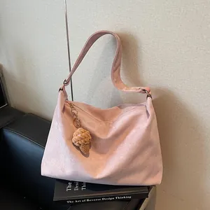 Women Minimalist Large Capacity Suede Tote Bag Slouchy Shoulder Bag With Pendant Retro Faux Suede Daily Commute Bag
