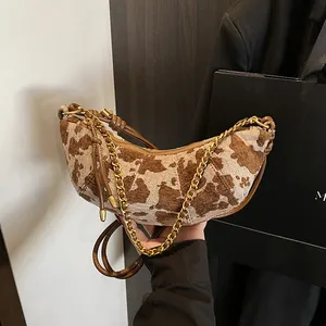 Women Fashion Cow Print Underarm Bag Vintage Jacquard Crescent Bag With Gold Chain And Adjustable Leather Strap Shoulder Bag