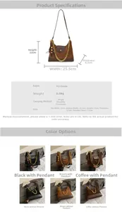 Detailed sizing and specifications of suede crossbody bag with gold chain strap detail