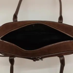 Retro dark brown frosted Boston bag with zipper closure and leather handles for women