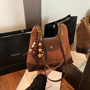 Retro Suede Chain Shoulder Bag For Women Vintage Quilted Tote Bag Daily Handbag With Tassel Pendant Fashion Messenger Bag