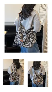 Detail of leopard print plush hobo bag showing faux fur texture and leather logo patch