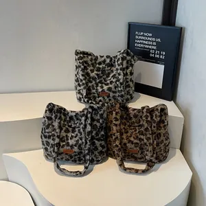 Winter fluffy leopard print plush tote bag with large capacity and shoulder strap