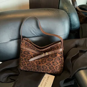 Vintage Women's Suede Tote Shoulder Bag Leopard Print Solid Underarm Bag With Belt Buckle Commuter Handbag Fashion Bag