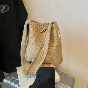 Women Japanese Minimalist Knitted Crossbody Bag With Horn Button Casual Handwoven Shoulder Phone Bag Solid Color Small Bucket Bag