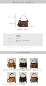 Size chart for leopard print suede handbag showing dimensions, strap length and color options