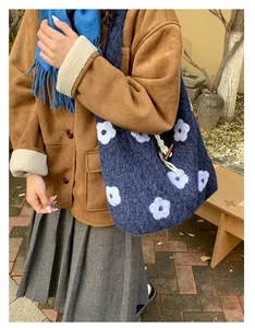 Detail of navy knit tote bag with white flower embroidery and wooden toggle closure