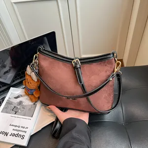 Vintage Suede Shoulder Bag For Women Retro Korean Style Crossbody Hobo Bag With Cute Bear Pendant Winter Commuter Handbag