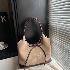 Women Retro PU Leather Large Capacity Tote Bag Fashion Bow Decor Letter Embossed Shoulder Bag Simple Casual Handbag For Daily Work