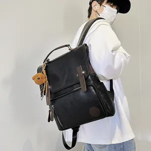 Women's Retro PU Leather Large Capacity Backpack Casual Street Style Fashionable Rucksack With Teddy Bear Pendant For Daily Travel