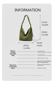 Detailed size chart for olive green tote bag showing 29x29x15cm dimensions and strap