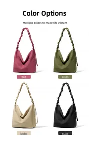 Collage of four minimalist tote bags in red, green, off-white, and black with pleated handles