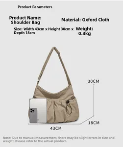 Détails du sac à bandoulière en nylon kaki avec spécifications et tablette de taille