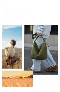 Detail of olive green nylon hobo bag featuring a unique gathered ruched shoulder strap