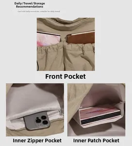 Détails du sac en nylon kaki montrant la poche avant et le rangement zippé intérieur