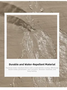 Détail imperméable du tissu en nylon kaki montrant la surface hydrophobe et les perles d'eau