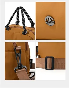 Detailed views of nylon bag featuring woven handles, metal M logo, and adjustable straps