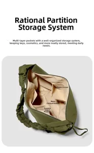 Detail of olive green nylon bag showing internal zipper pocket and main compartment