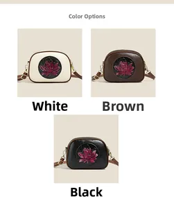 Vertical view of lotus embossed crossbody bags in white, brown and black PU leather