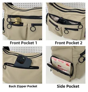 Detailed view of khaki shoulder bag featuring front, back and side functional pockets