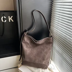 Women Retro PU Leather Bucket Bag Large Capacity Minimalist Frosted Texture Shoulder Crossbody Handbag For Daily Commute
