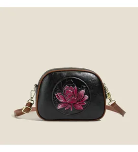 Detail of Boston bag with lotus embossed pattern and premium pebbled leather texture