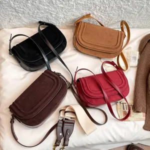 Retro minimalist saddle crossbody bags in suede and leather mix for women in four colors