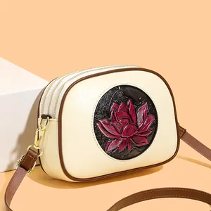 New Chinese Style Retro Women Shoulder Bag PU Leather Lotus Flower Embossed Crossbody Bag Multi Layer Zipper Camera Bag