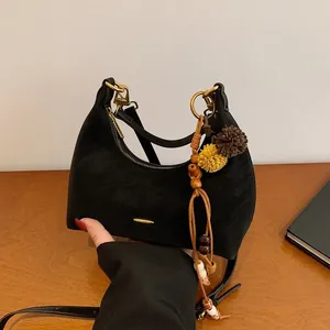 Vintage Matte PU Leather Half Moon Underarm Bag For Women Bohemian Pendant Golden Hardware Fashion Hobo Single Shoulder Bag
