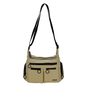 Fashionable khaki nylon crossbody bag with large capacity and multi-layer zipper pockets