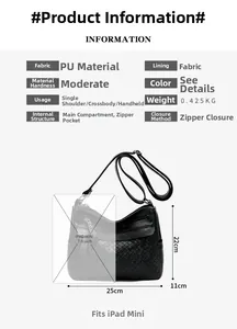 Detailansicht der schwarzen PU-Ledertasche mit Größenmaßen und Gewichtsspezifikationen