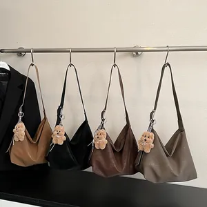 Minimalist soft PU leather tote bag in four colors with cute bear charm and ribbon strap