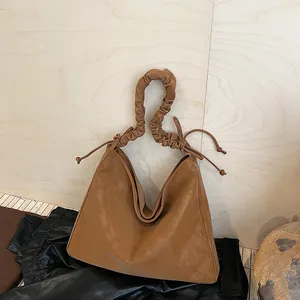 Women Large Capacity Tote Bag Matte PU Leather Scrunchie Strap Shoulder Bag With Drawstring Casual Commute Handbag Winter