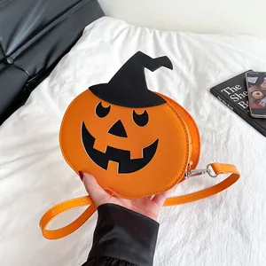 Halloween Funny Pumpkin Crossbody Bag PU Leather Cartoon Witch Hat Shoulder Bag For Women Festive Party Purse Orange Black