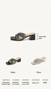 Detail view of rhinestone platform sandals with 6cm block heel in black and silver