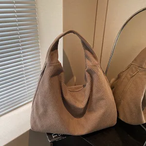 Sac Tote à Épaule en Velours Côtelé pour Femmes Grande Capacité Sac Hobo Minimaliste Sac à Main Rétro pour École Voyage