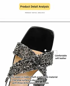 Detail of square toe sandal featuring sparkly black and silver sequin cross straps