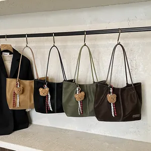 Minimalist faux leather tote bag set in four colors with cute teddy bear charms