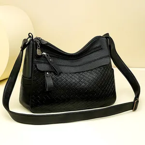 Elegante schwarze PU-Leder Umhängetasche mit Webmuster und Multi-Reißverschluss-Design