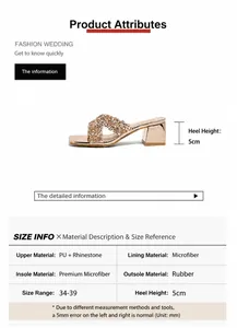 Detail view of champagne gold block heel sandals with 5cm height and rhinestone straps