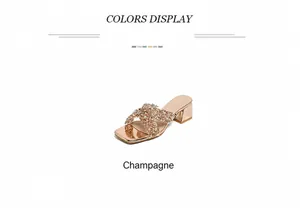 Detail of champagne rhinestone platform slide sandal with rose gold chunky heel