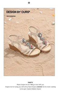 Detail of bohemian wedge sandals featuring colorful beads and woven straps on a sandy beach